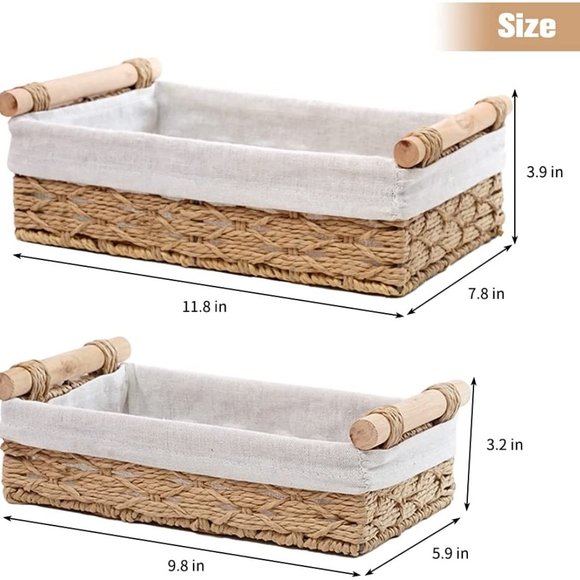 Set OF 2 Beige Rope Wicker Storage Baskets with Handles Decorative Storage Bins - Picture 4 of 10